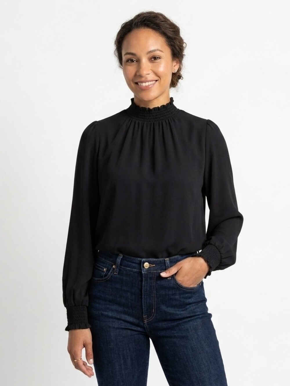 Wilfred by Aritzia Black Smocked Ruffle Mock Neck Blouse - Size XS